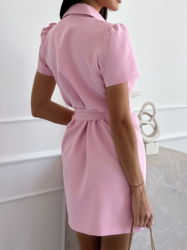 New fashionable and sweet suit collar double-breasted solid color dress - 3 Colours Available