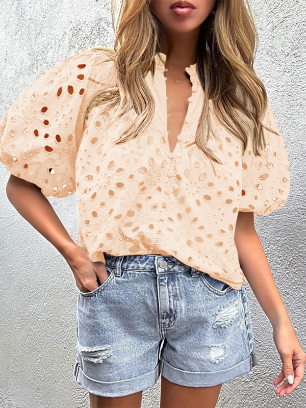 Women's New Style Puff Sleeve Embroidered Shirt - 4 colours available