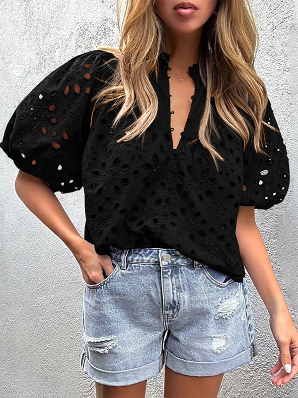 Women's New Style Puff Sleeve Embroidered Shirt - 4 colours available