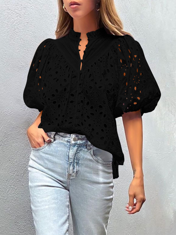 Women's New Style Puff Sleeve Embroidered Shirt - 4 colours available
