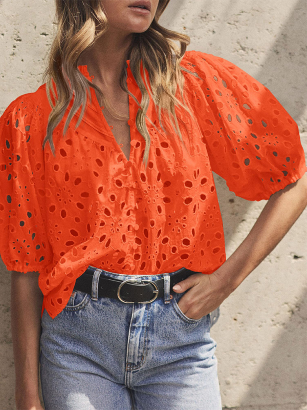 Women's New Style Puff Sleeve Embroidered Shirt - 4 colours available
