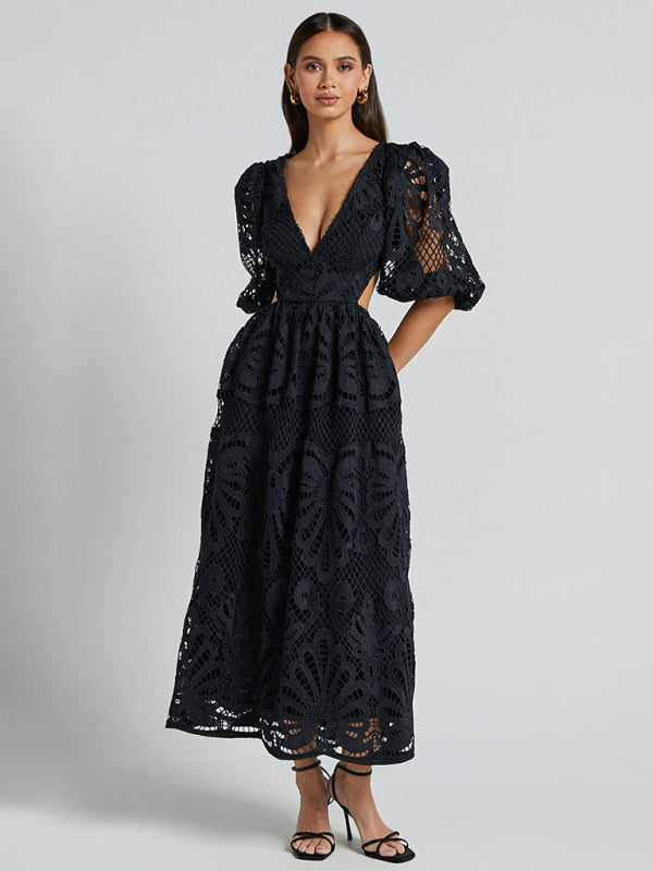 Women's Hollow V-neck Lace Embroidery Sexy Waist-baring Dress - 5 colours available