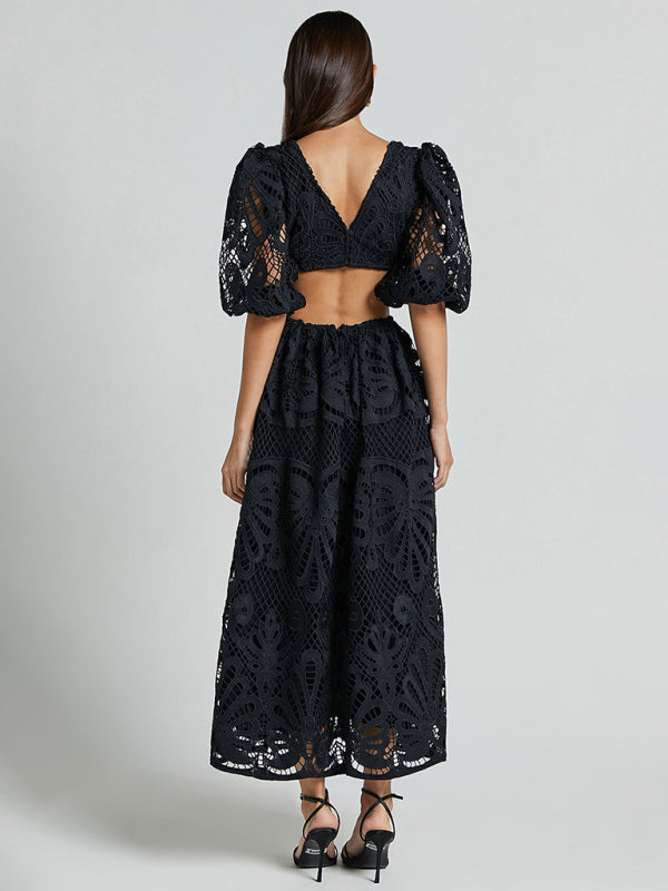 Women's Hollow V-neck Lace Embroidery Sexy Waist-baring Dress - 5 colours available
