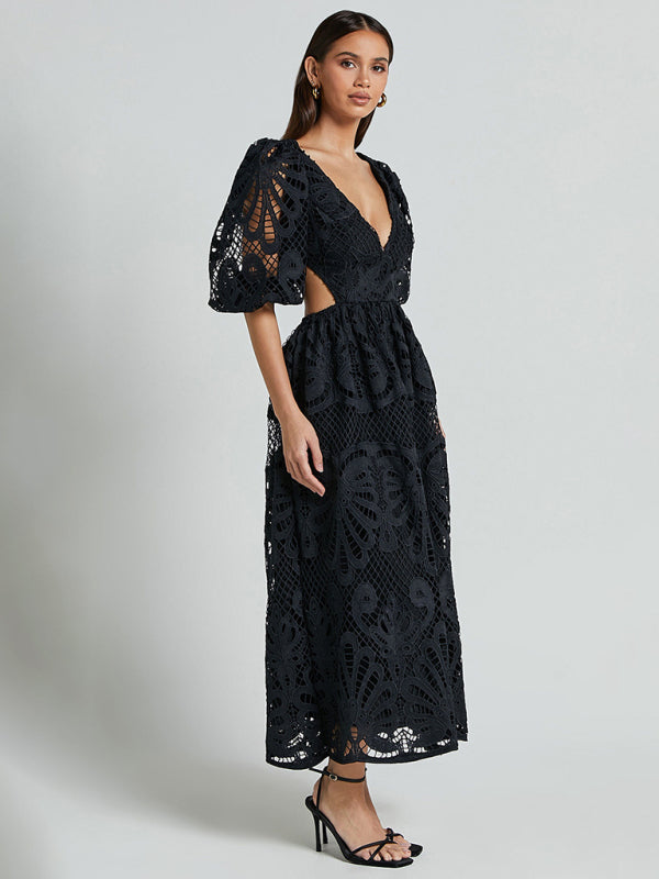 Women's Hollow V-neck Lace Embroidery Sexy Waist-baring Dress - 5 colours available
