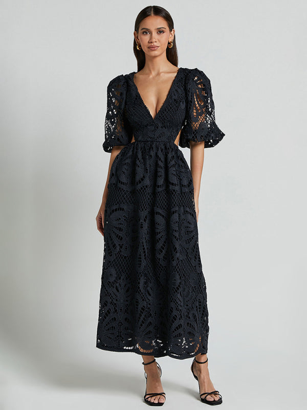 Women's Hollow V-neck Lace Embroidery Sexy Waist-baring Dress - 5 colours available