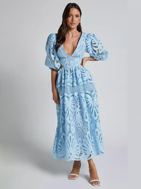 Women's Hollow V-neck Lace Embroidery Sexy Waist-baring Dress - 5 colours available
