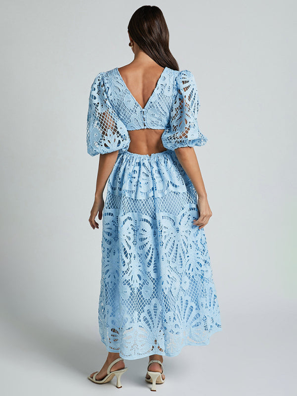 Women's Hollow V-neck Lace Embroidery Sexy Waist-baring Dress - 5 colours available