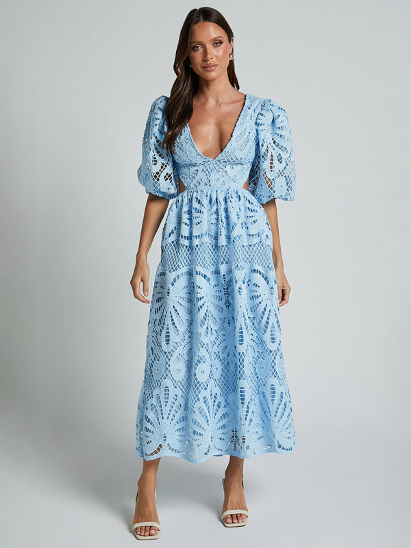 Women's Hollow V-neck Lace Embroidery Sexy Waist-baring Dress - 5 colours available