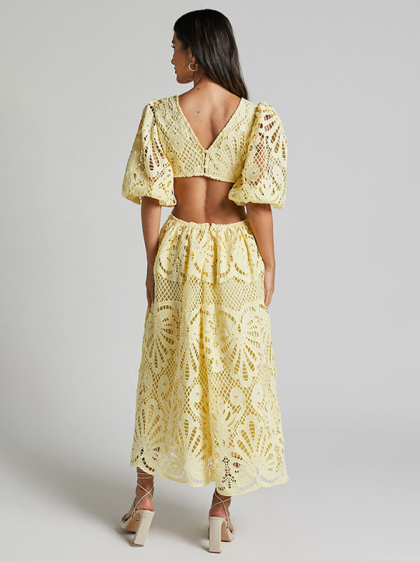 Women's Hollow V-neck Lace Embroidery Sexy Waist-baring Dress - 5 colours available