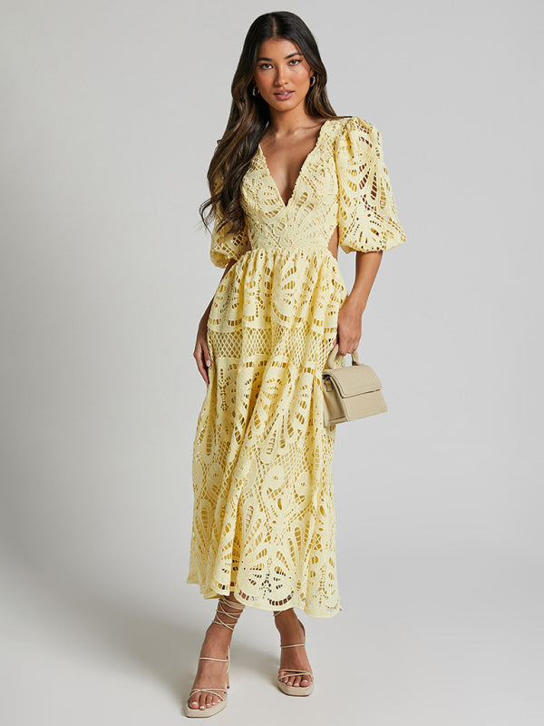 Women's Hollow V-neck Lace Embroidery Sexy Waist-baring Dress - 5 colours available