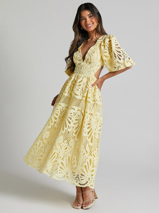 Women's Hollow V-neck Lace Embroidery Sexy Waist-baring Dress - 5 colours available