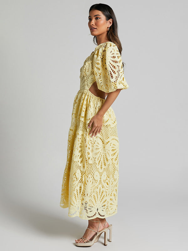 Women's Hollow V-neck Lace Embroidery Sexy Waist-baring Dress - 5 colours available