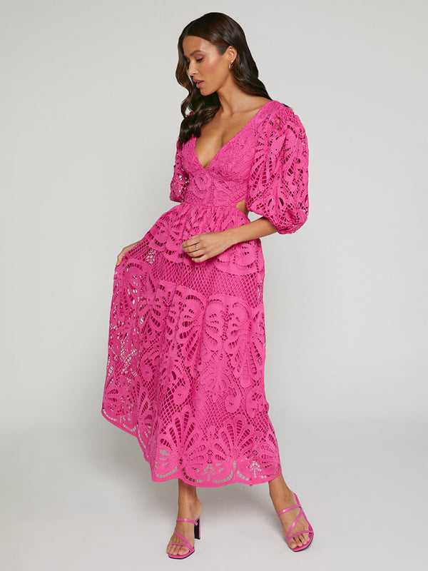 Women's Hollow V-neck Lace Embroidery Sexy Waist-baring Dress - 5 colours available
