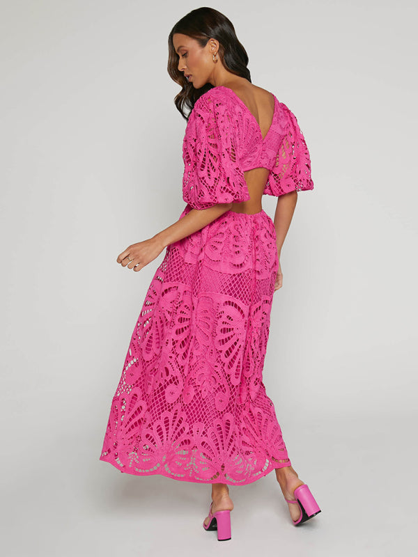 Women's Hollow V-neck Lace Embroidery Sexy Waist-baring Dress - 5 colours available