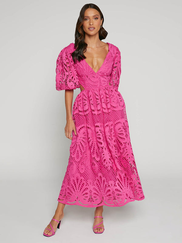Women's Hollow V-neck Lace Embroidery Sexy Waist-baring Dress - 5 colours available
