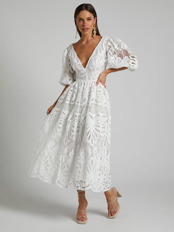 Women's Hollow V-neck Lace Embroidery Sexy Waist-baring Dress - 5 colours available