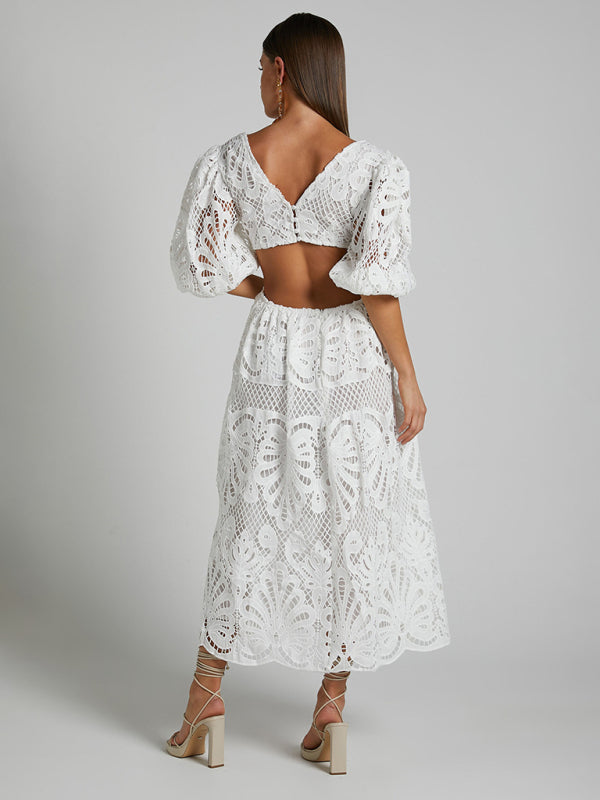 Women's Hollow V-neck Lace Embroidery Sexy Waist-baring Dress - 5 colours available