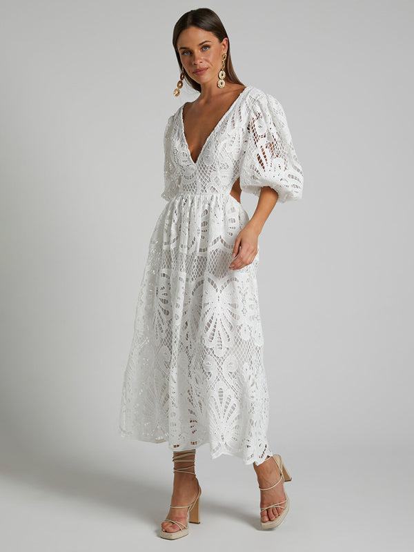 Women's Hollow V-neck Lace Embroidery Sexy Waist-baring Dress - 5 colours available
