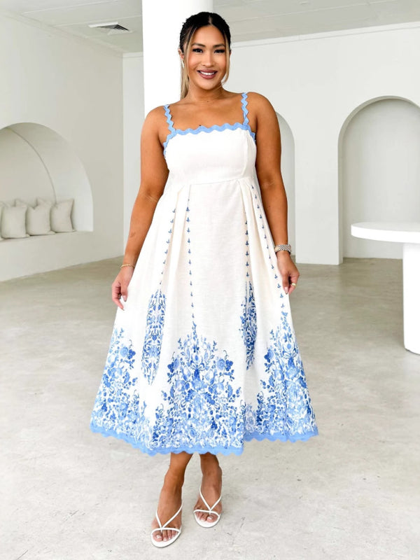 Fashion Print Wave Hem Sleeveless Backless Lace-up Suspender Dress - 2 Colours Available