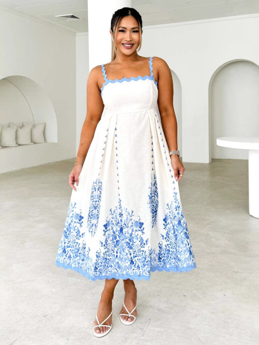 Fashion Print Wave Hem Sleeveless Backless Lace-up Suspender Dress - 2 Colours Available