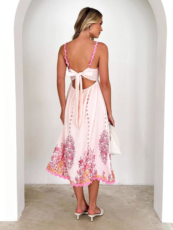 Fashion Print Wave Hem Sleeveless Backless Lace-up Suspender Dress - 2 Colours Available
