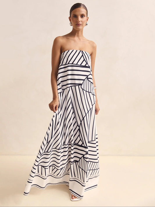 Sexy strapless black striped print dress