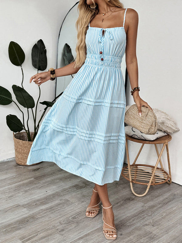 Holiday style striped suspender dress square neck tie sleeveless long dress