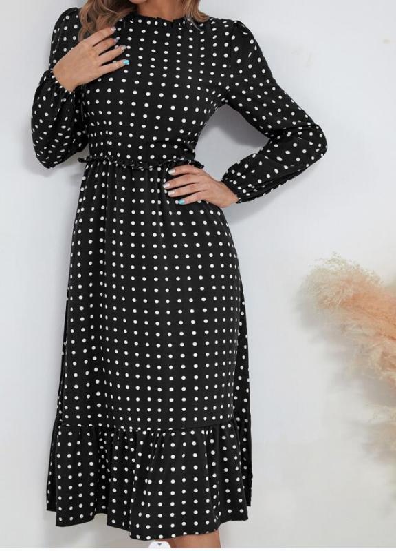Women's casual long sleeve French polka dot dress - 3 colours available