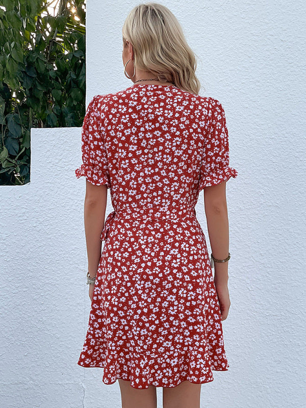 Women's woven floral ruffle one piece floral dress