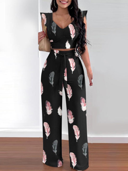 Women's casual fashion feather print commuting two-piece suit