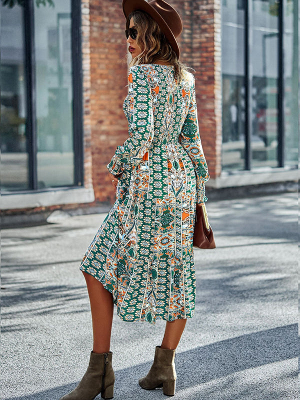 Women's Bohemian Round Neck Dress Spring and Autumn Seasons New Arrival Swing Skirt - 3 colours available!