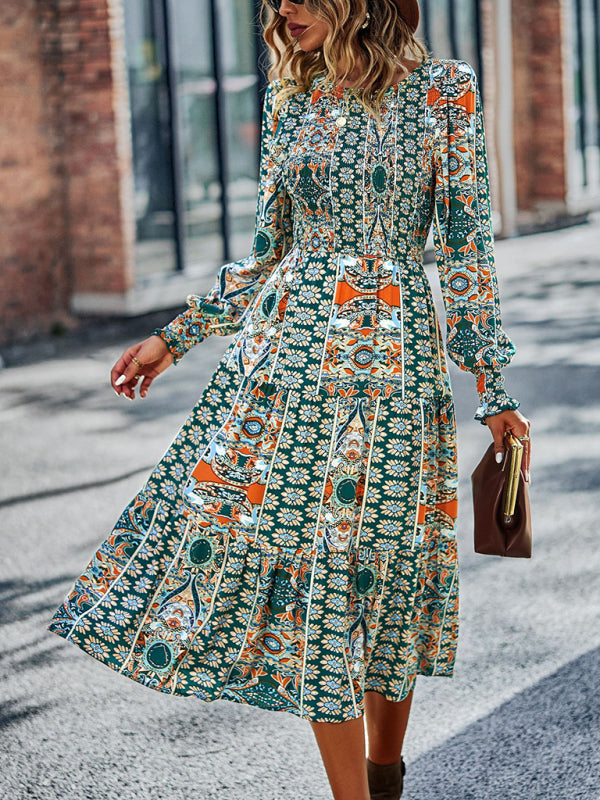 Women's Bohemian Round Neck Dress Spring and Autumn Seasons New Arrival Swing Skirt - 3 colours available!