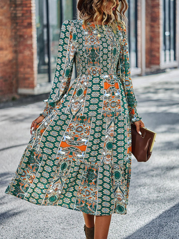Women's Bohemian Round Neck Dress Spring and Autumn Seasons New Arrival Swing Skirt - 3 colours available!