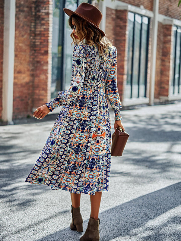 Women's Bohemian Round Neck Dress Spring and Autumn Seasons New Arrival Swing Skirt - 3 colours available!