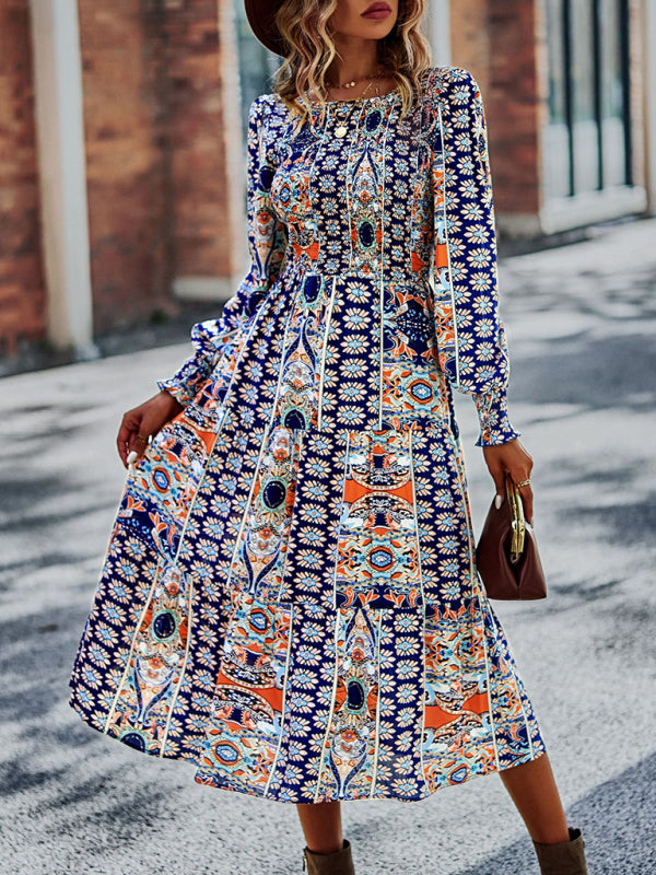 Women's Bohemian Round Neck Dress Spring and Autumn Seasons New Arrival Swing Skirt - 3 colours available!