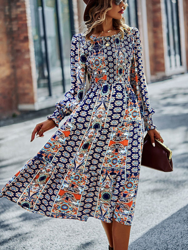 Women's Bohemian Round Neck Dress Spring and Autumn Seasons New Arrival Swing Skirt - 3 colours available!
