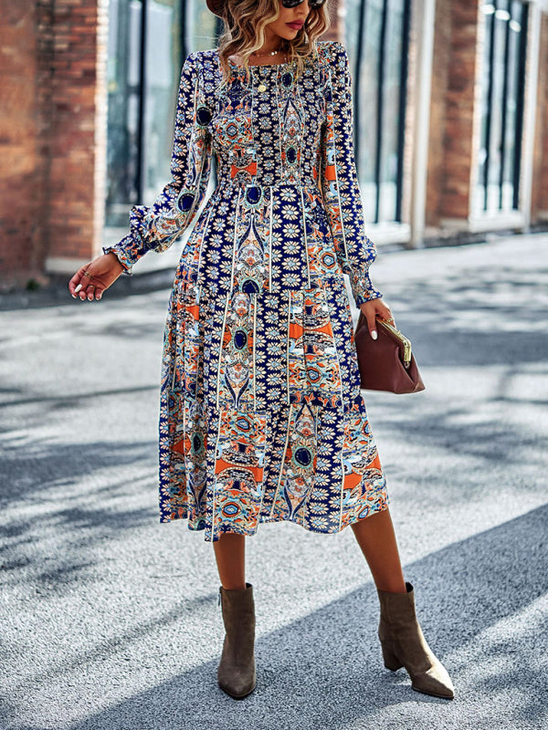 Women's Bohemian Round Neck Dress Spring and Autumn Seasons New Arrival Swing Skirt - 3 colours available!