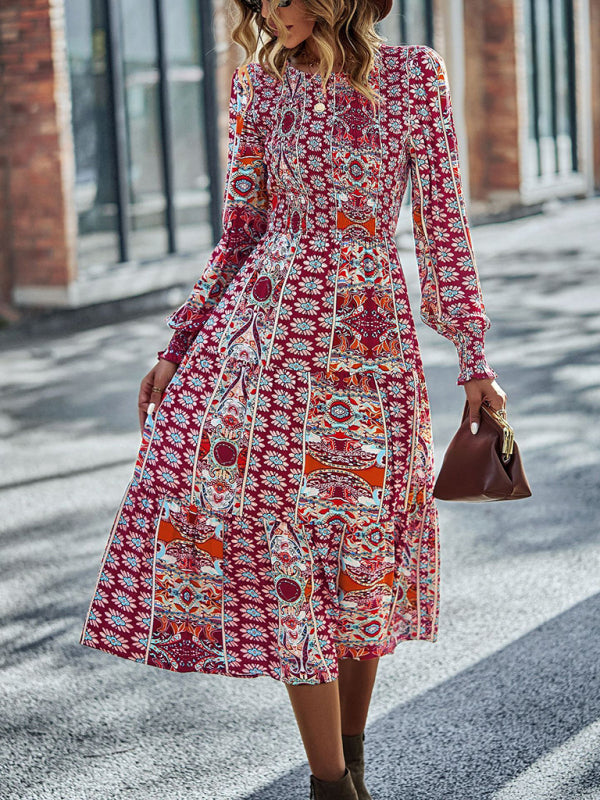 Women's Bohemian Round Neck Dress Spring and Autumn Seasons New Arrival Swing Skirt - 3 colours available!