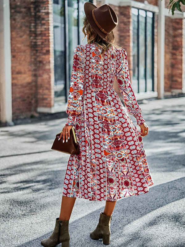 Women's Bohemian Round Neck Dress Spring and Autumn Seasons New Arrival Swing Skirt - 3 colours available!