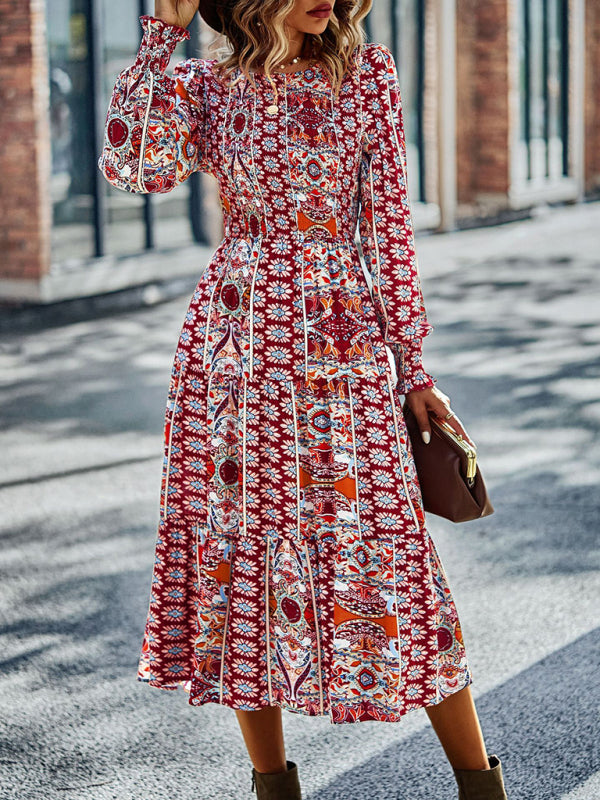 Women's Bohemian Round Neck Dress Spring and Autumn Seasons New Arrival Swing Skirt - 3 colours available!