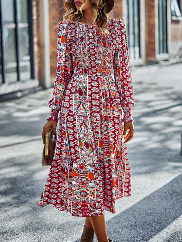 Women's Bohemian Round Neck Dress Spring and Autumn Seasons New Arrival Swing Skirt - 3 colours available!