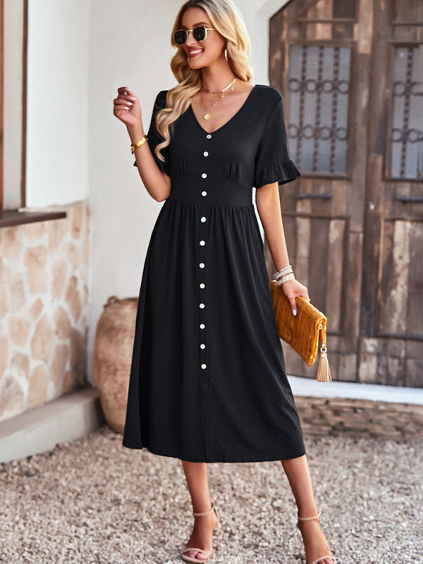 New women's elegant commuter V-neck short-sleeved ruffle skirt - 3 colours available!