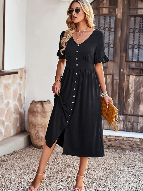 New women's elegant commuter V-neck short-sleeved ruffle skirt - 3 colours available!