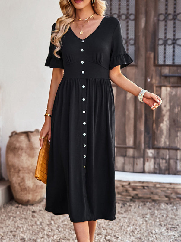 New women's elegant commuter V-neck short-sleeved ruffle skirt - 3 colours available!