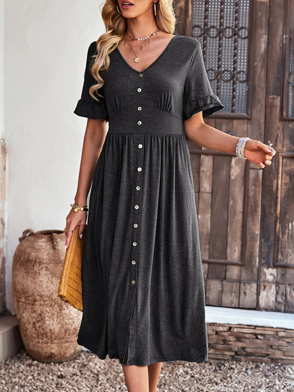 New women's elegant commuter V-neck short-sleeved ruffle skirt - 3 colours available!