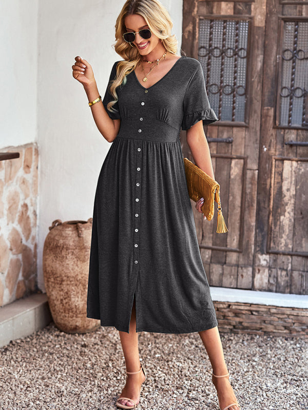 New women's elegant commuter V-neck short-sleeved ruffle skirt - 3 colours available!