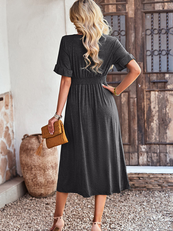 New women's elegant commuter V-neck short-sleeved ruffle skirt - 3 colours available!