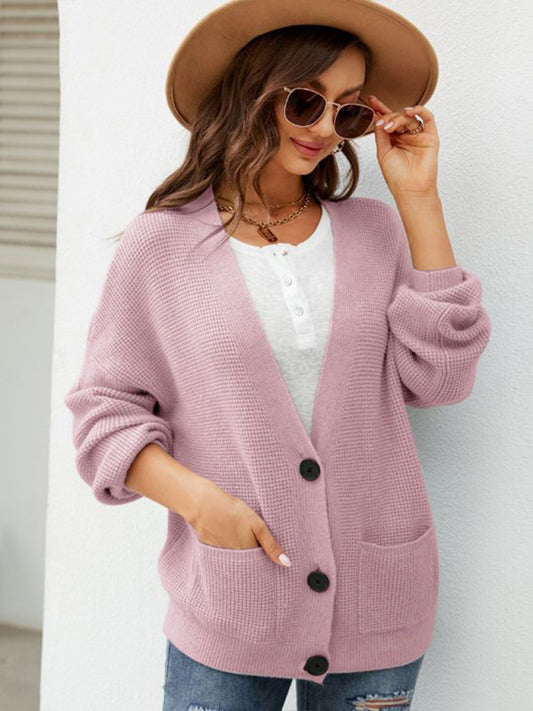 New loose solid color knitted cardigan with elegant V-neck sweater cardigan jacket