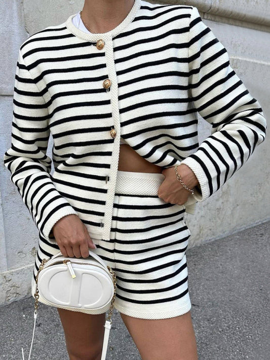 Women's striped simple cardigan shorts two-piece suit