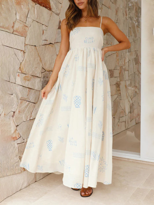 Women's fashion printed personalized back hollow suspender dress - 3 colours available